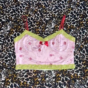 Pink Floral Cami Top with Green Lace Trim